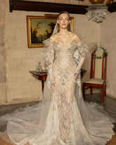 Luxury Silver Mermaid Strapless Lace Off-The-Shoulder Beaded Long Sleeves Wedding Dress With Pearls